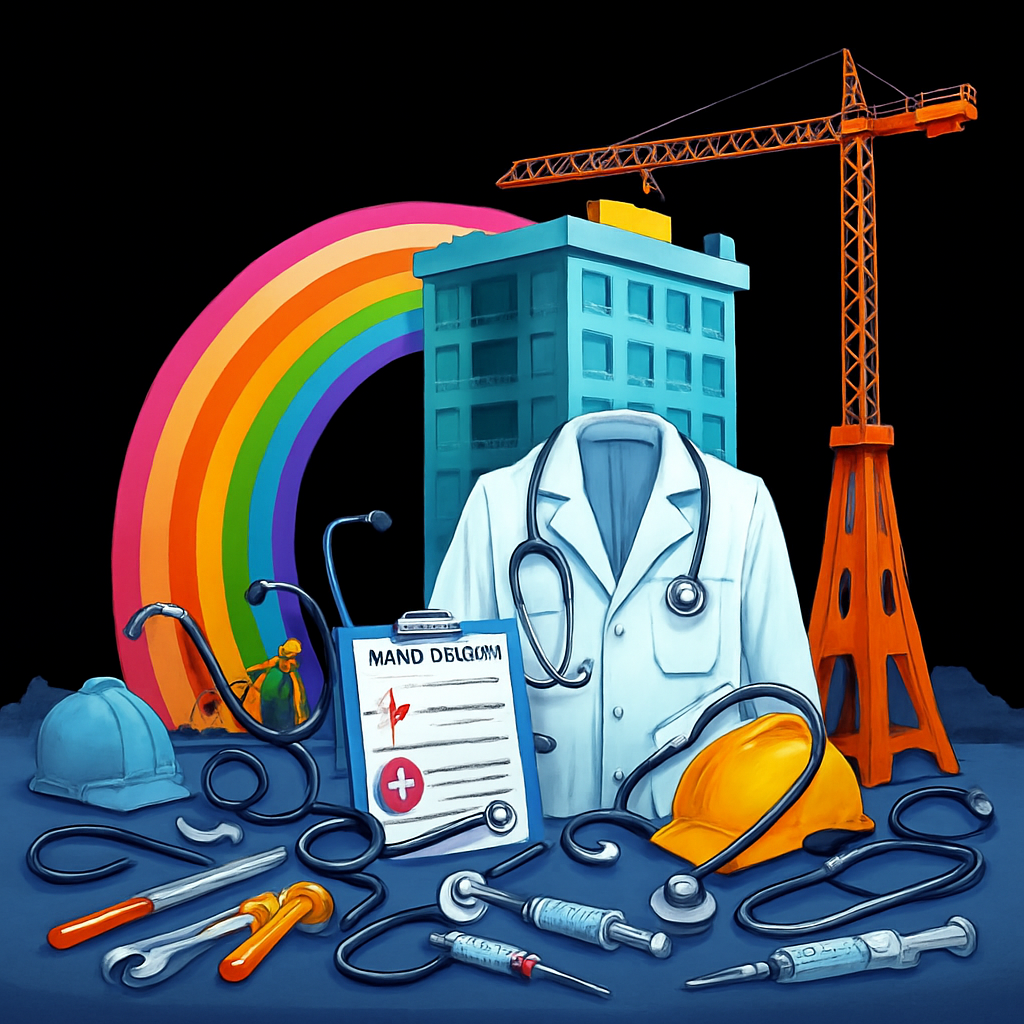 Construction theme graphic with caution tape, safety helmet, and tools